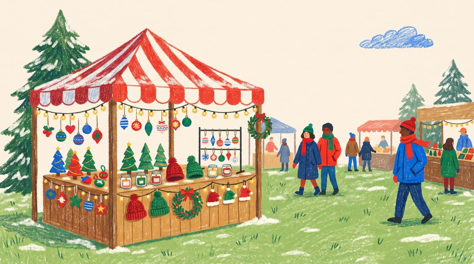 Illustration of a holiday craft fair booth with ornaments hanging on a small tree, stacked greeting cards, and shoppers browsing under string lights.