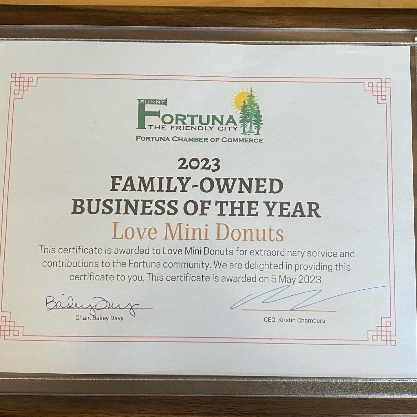 The 2023 Family-Owned Business of the Year certificate from the Fortuna Chamber of Commerce.