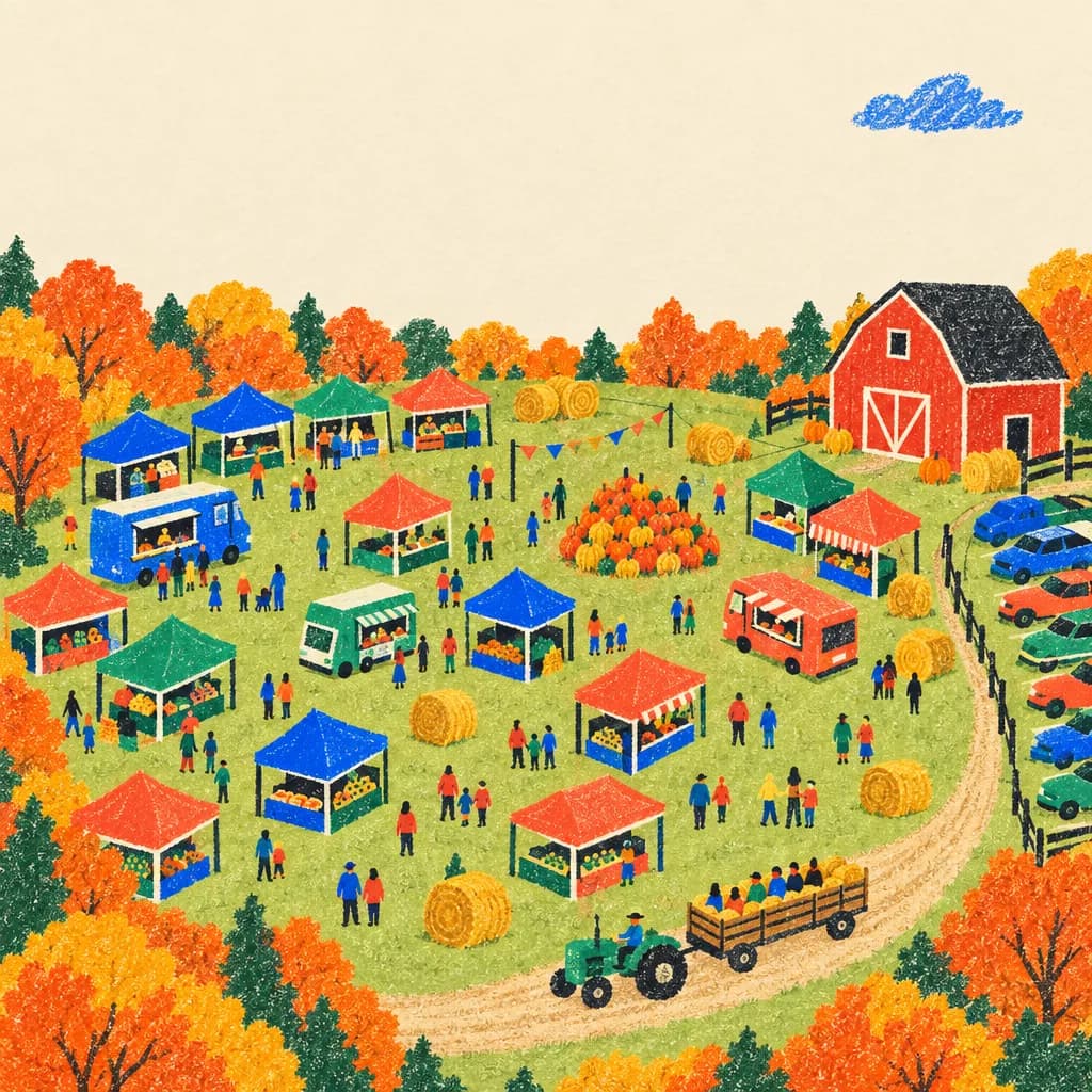 A crayon drawing of a fall fair from above: rows of vendor tents, a barn, hay bales and a tractor.