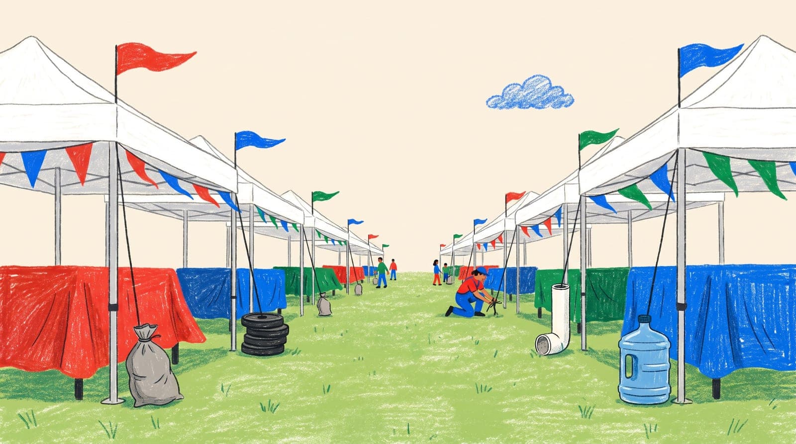 Illustration of vendor canopies at an outdoor market, each leg tied down to a heavy weight while a gust lifts the banners.