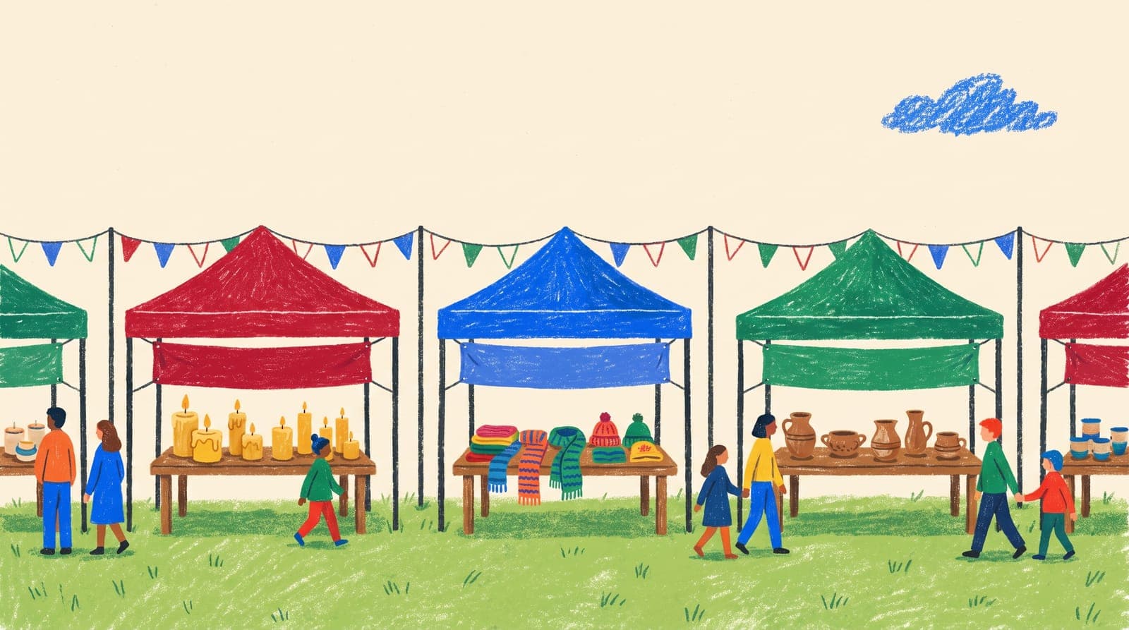 Illustration of a row of craft fair booths with blank colored banners and pennants, selling candles, knitwear and pottery.