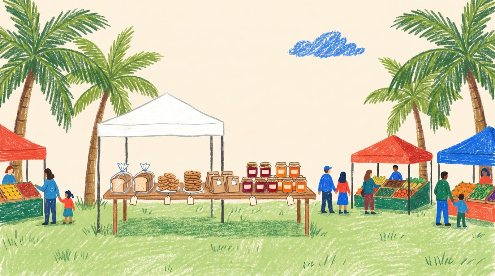 Illustration of a home baker's booth with bread, cookies and jars of jam at a Florida farmers market under palm trees.
