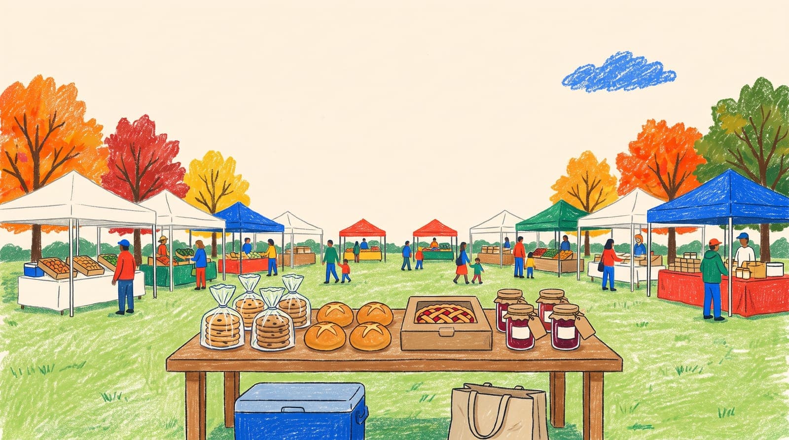 Illustration of a home baker's table at an autumn farmers market, with bagged cookies, round loaves, a cherry pie in an open box and jars of jam, a cooler and a tote bag underneath.