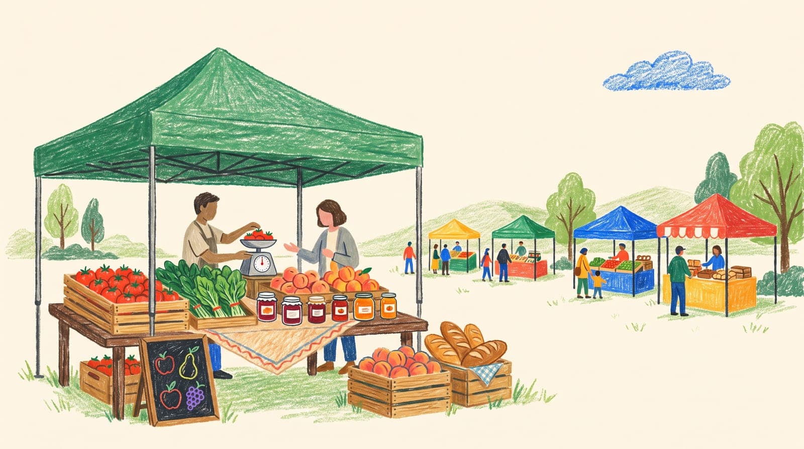 Illustration of a farmers market stall under a green canopy with crates of produce, jars of jam, and bread, and a vendor weighing tomatoes for a shopper.