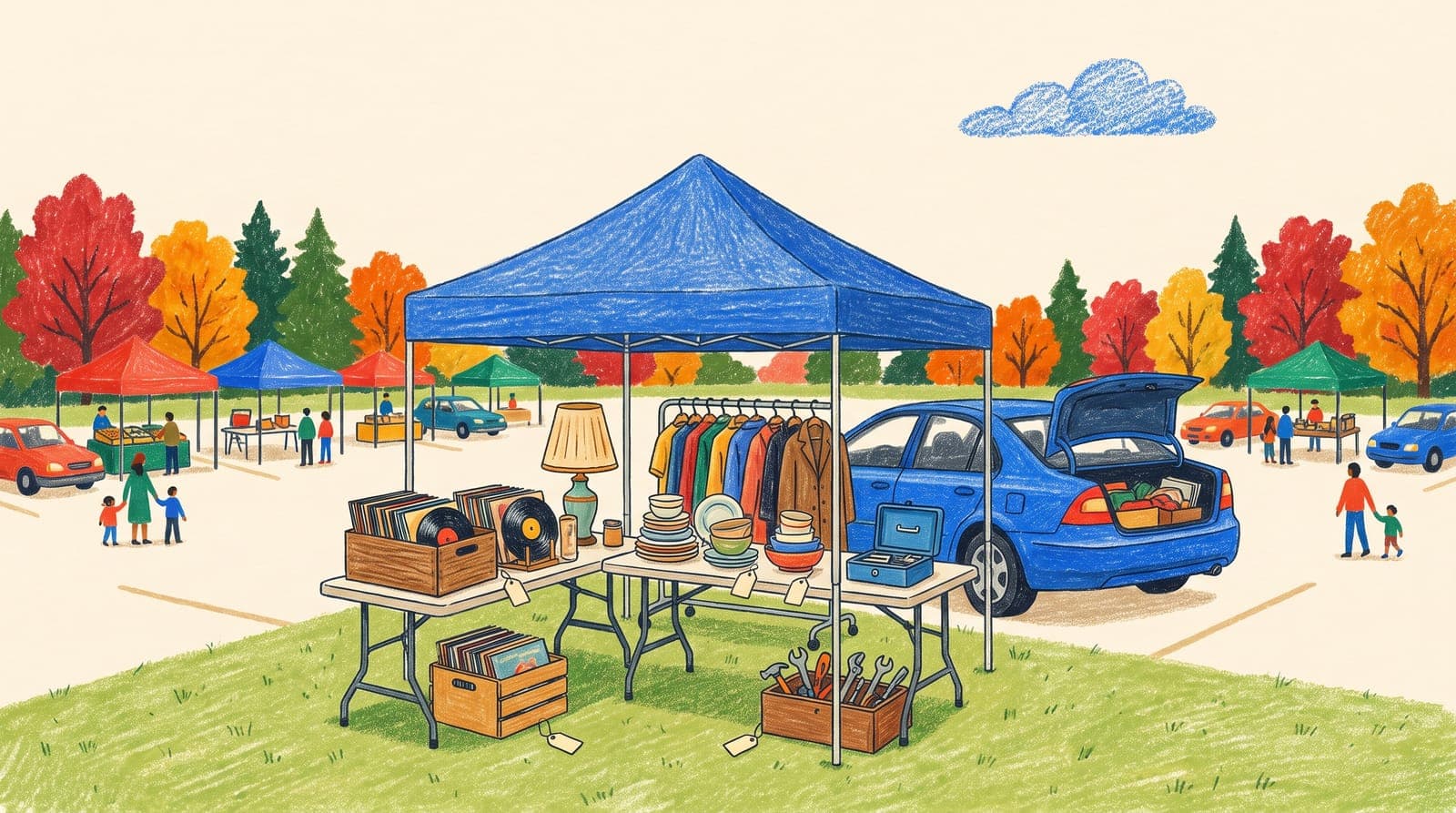 Illustration of an outdoor flea market with folding tables of secondhand goods, a clothing rack, and shoppers browsing under a canopy.