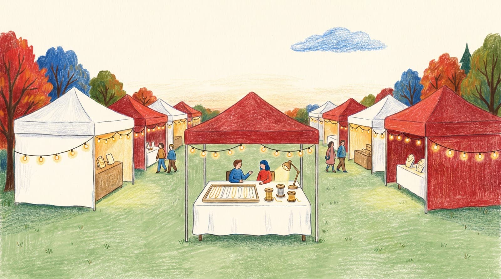 Illustration of a permanent jewelry booth at an evening market under string lights, with a tray of gold and silver chains, spools of chain and a desk lamp on the table.