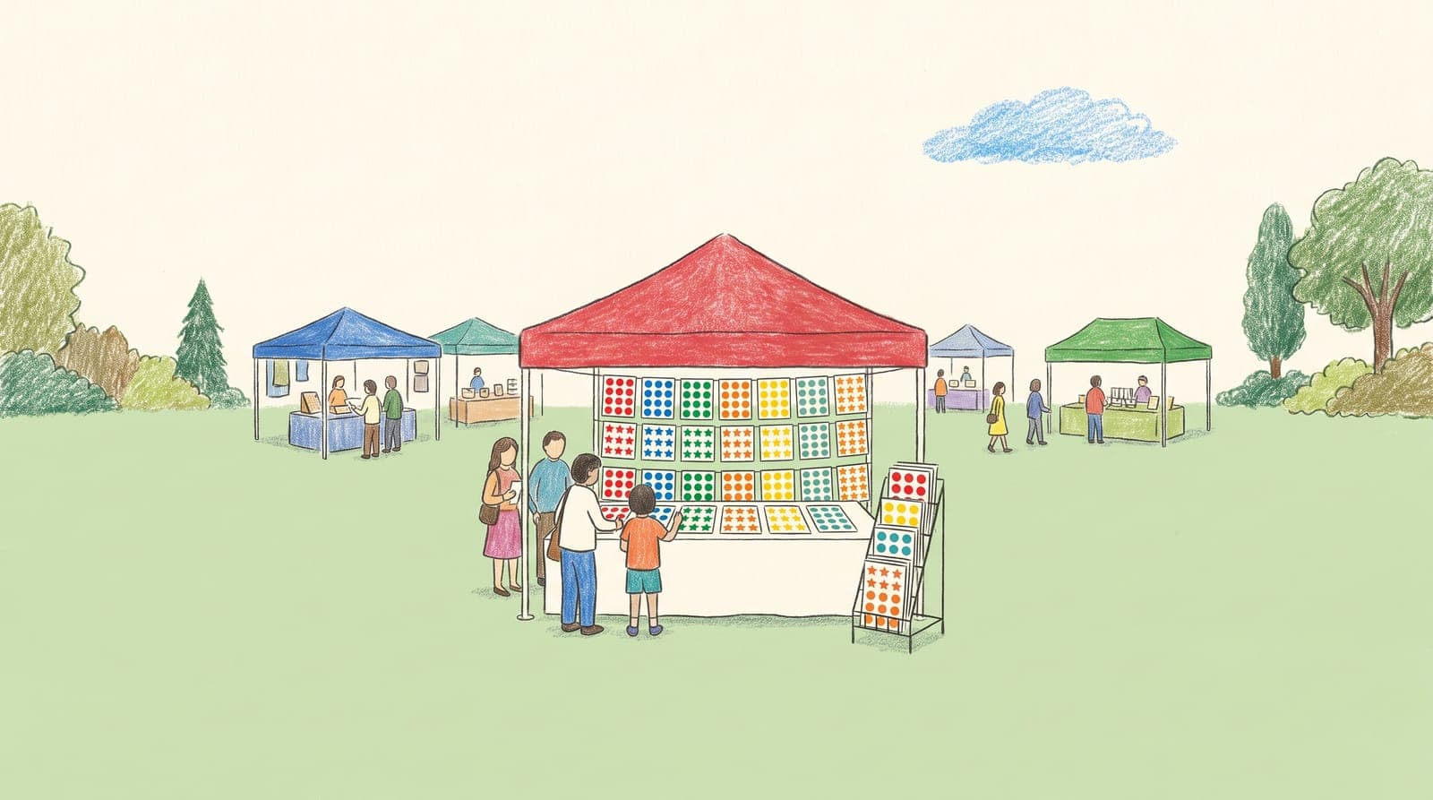 Illustration of a sticker seller's booth under a red canopy at an outdoor craft fair, with sheets of colorful stickers on a rack.