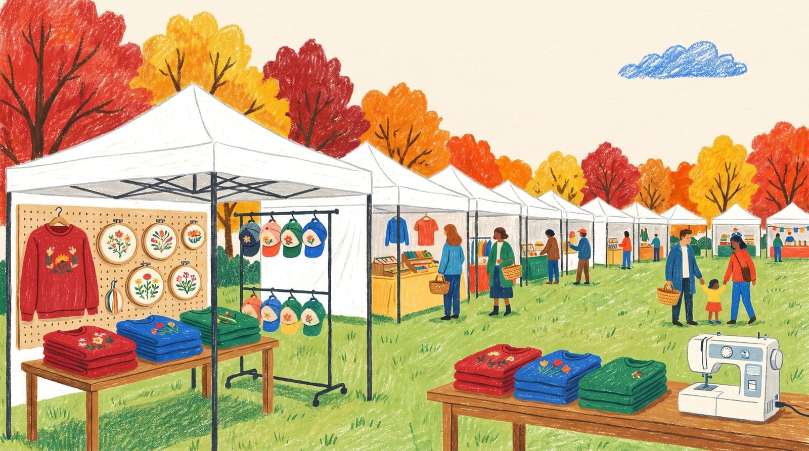 Illustration of an embroidery booth at an autumn craft fair, with floral hoops on a pegboard, a rack of stitched caps, stacked sweatshirts and an embroidery machine on the table.