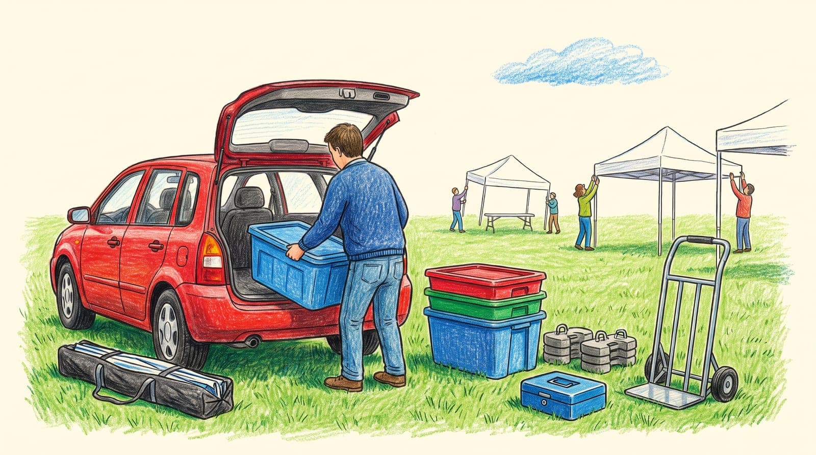 Illustration of a vendor lifting a plastic bin out of a car beside tent weights, a cash box, and a hand truck at an outdoor craft fair.