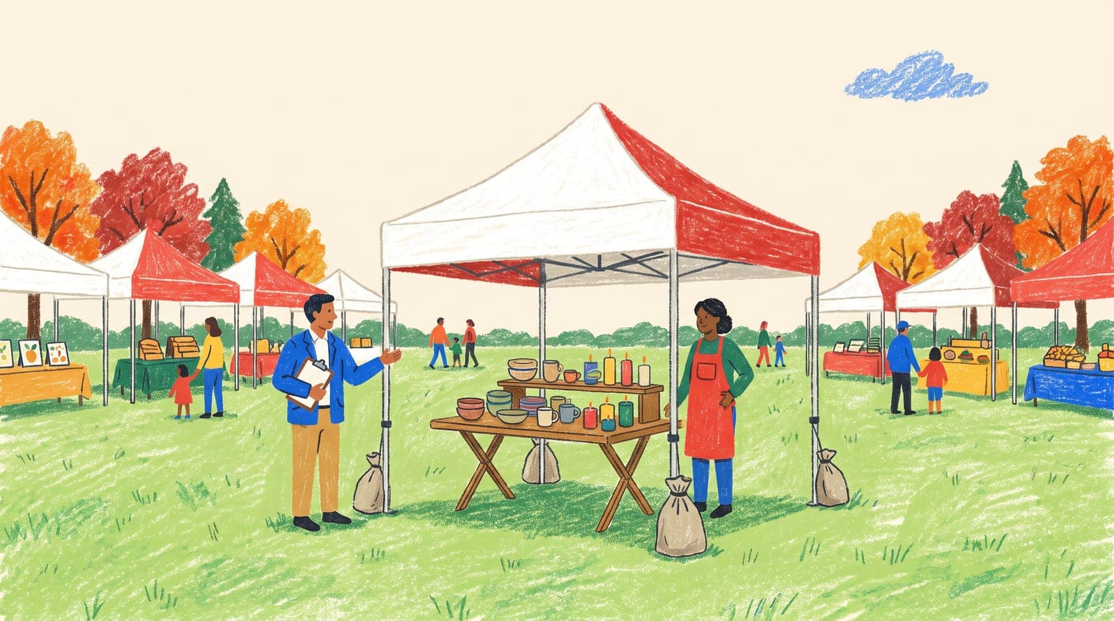Illustration of a market manager with a clipboard talking with a vendor beside a weighted canopy tent at an outdoor craft fair.