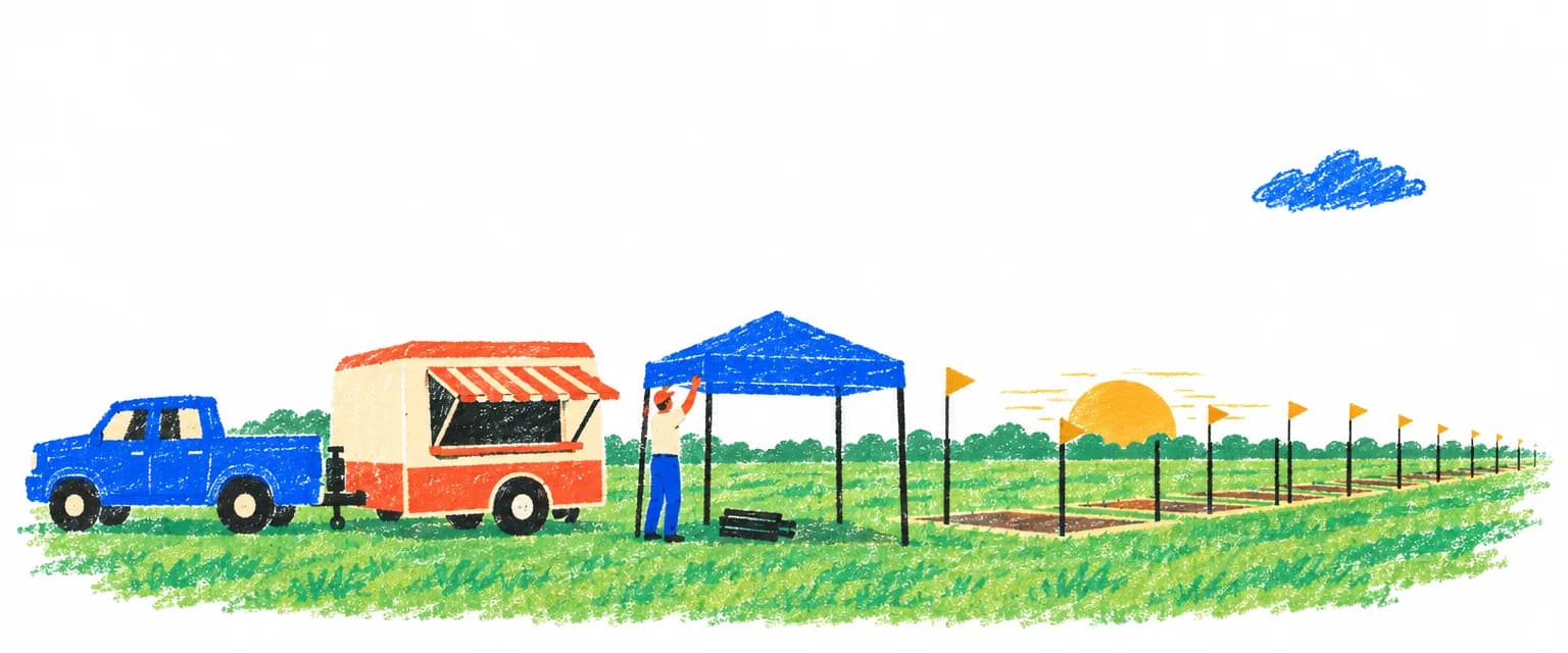 At sunrise, a vendor raises the first canopy beside a row of empty booth spaces.