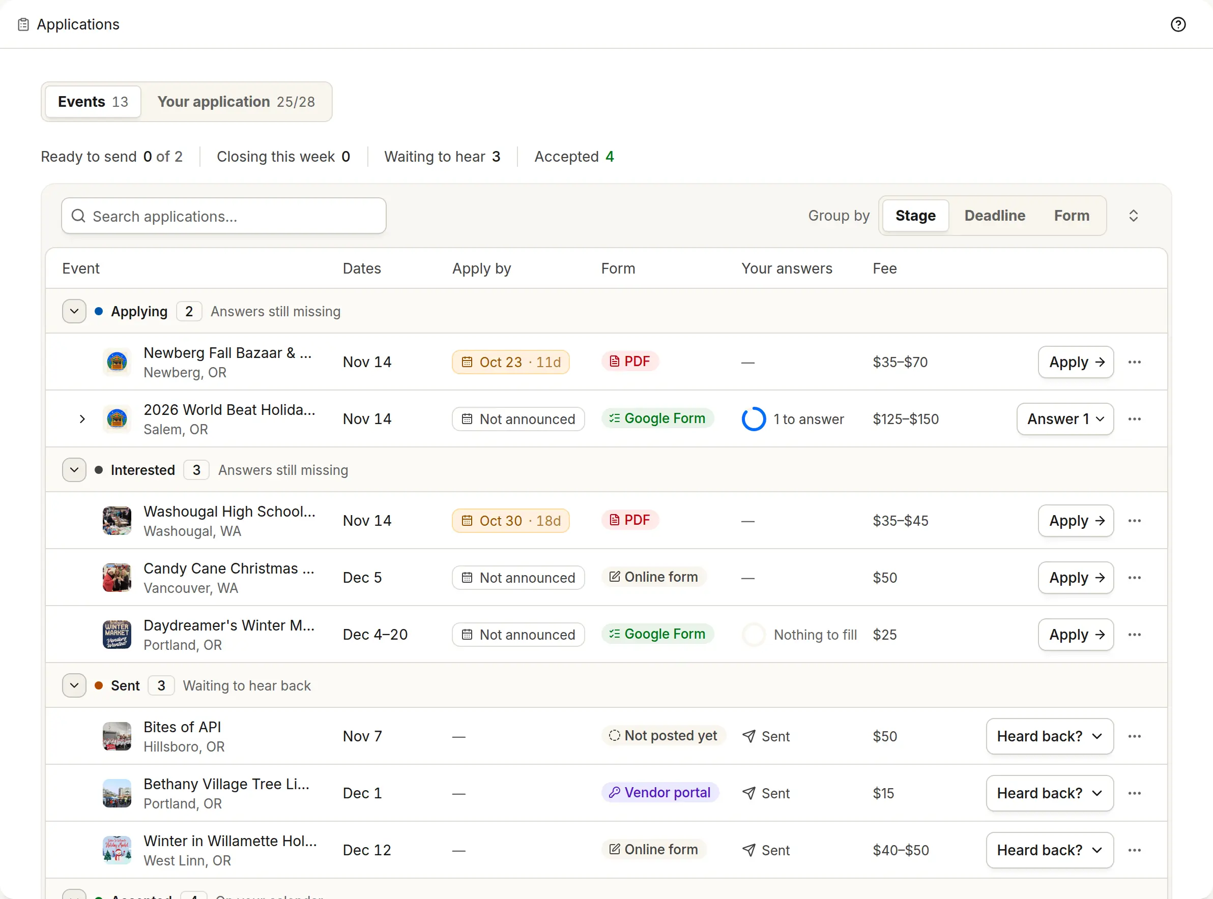 Vendorbound’s Applications, with saved events grouped by stage: Interested, Applying, Sent and Accepted.