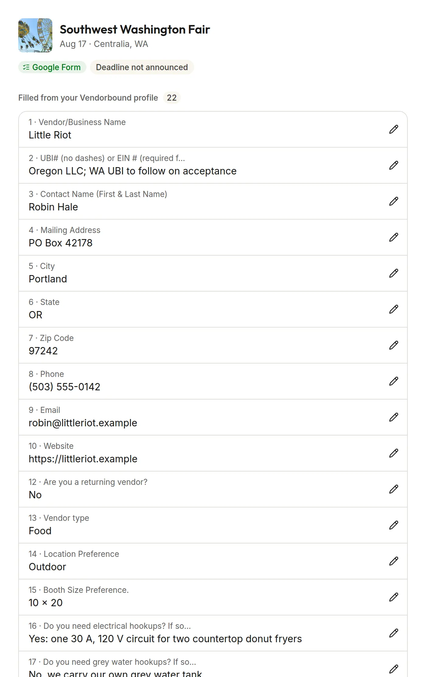 Applying to the Southwest Washington Fair in Vendorbound: 22 of its Google Form’s questions filled from the business’s Vendorbound profile, from the business name to booth size and power.