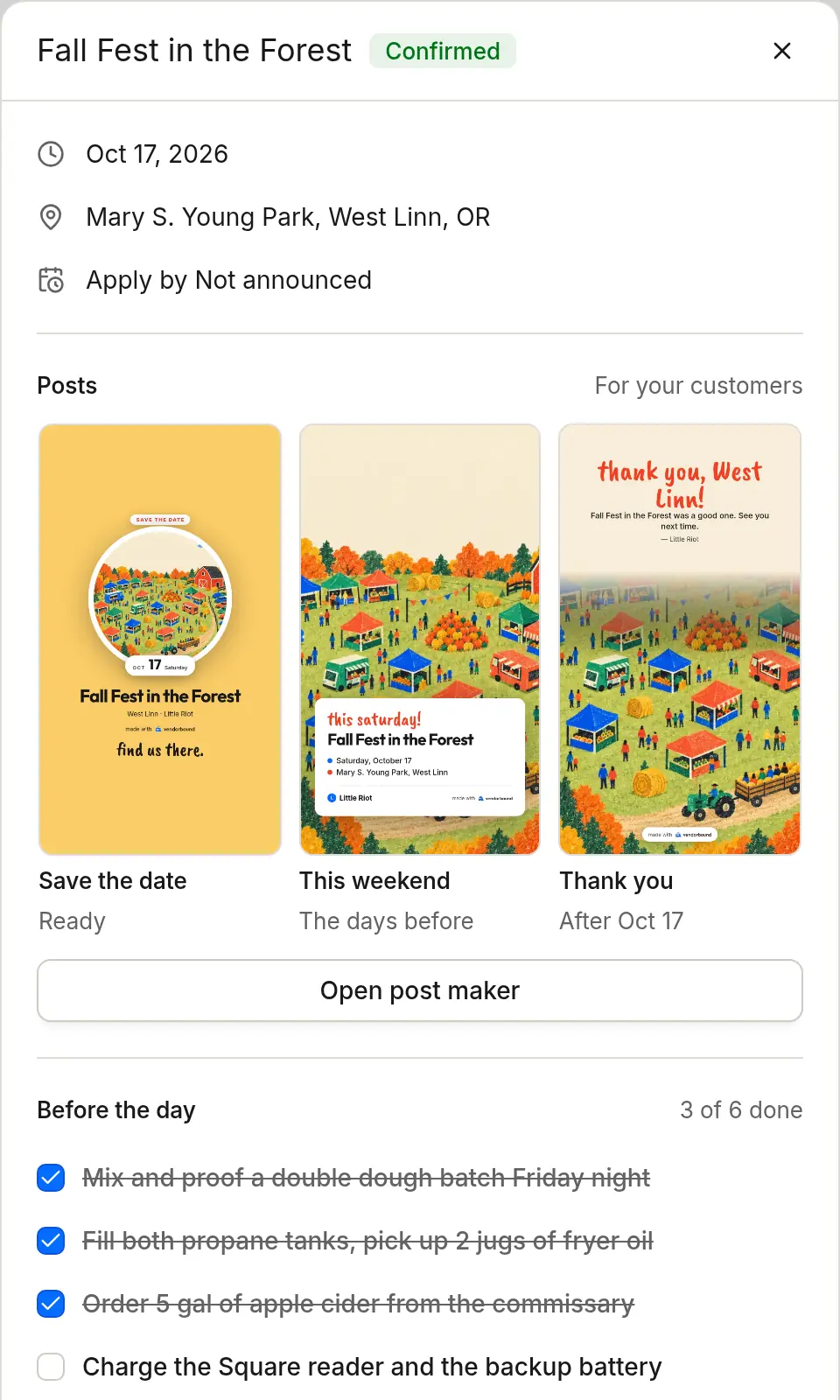 Fall Fest in the Forest, confirmed on Vendorbound’s Calendar, with its three posts and a checklist for the day before.