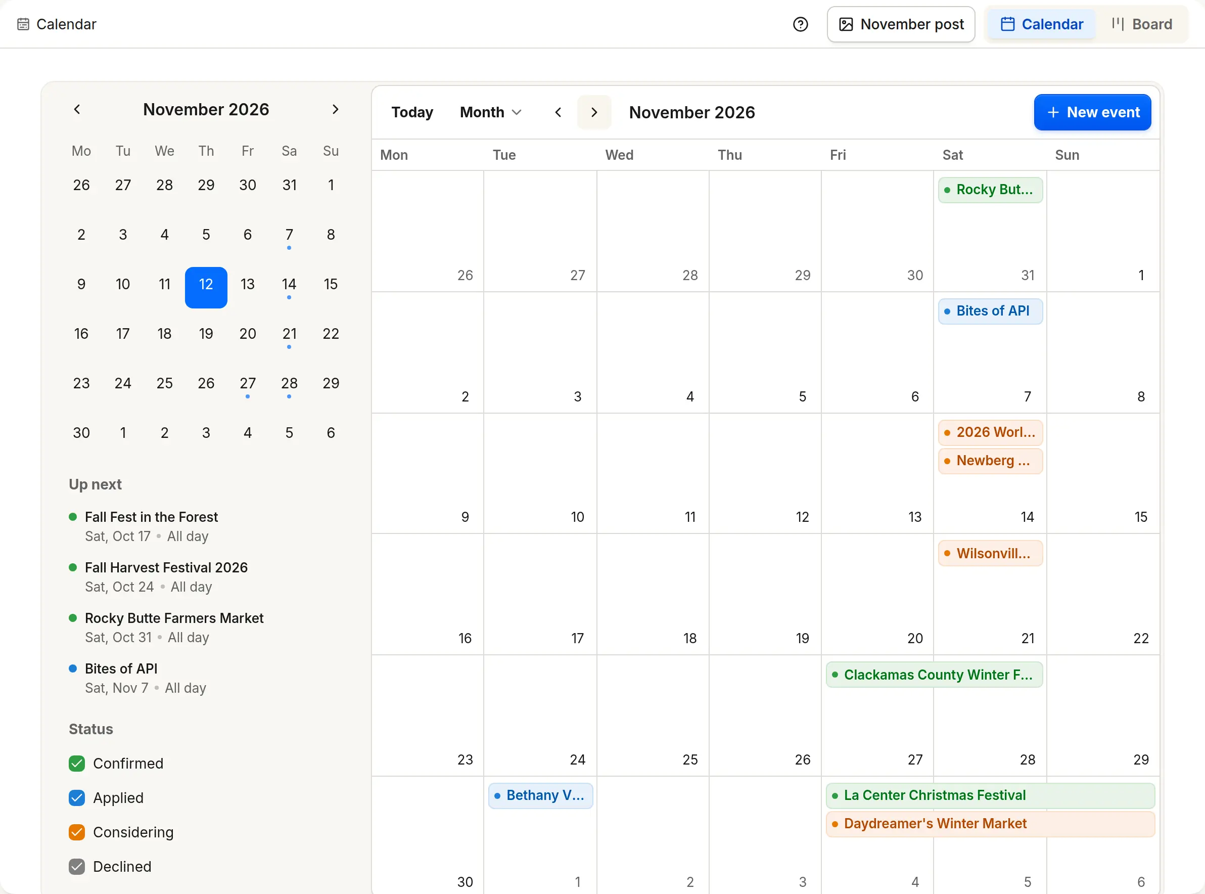 Vendorbound’s Calendar for a season of markets, each event marked Considering, Applied or Confirmed.