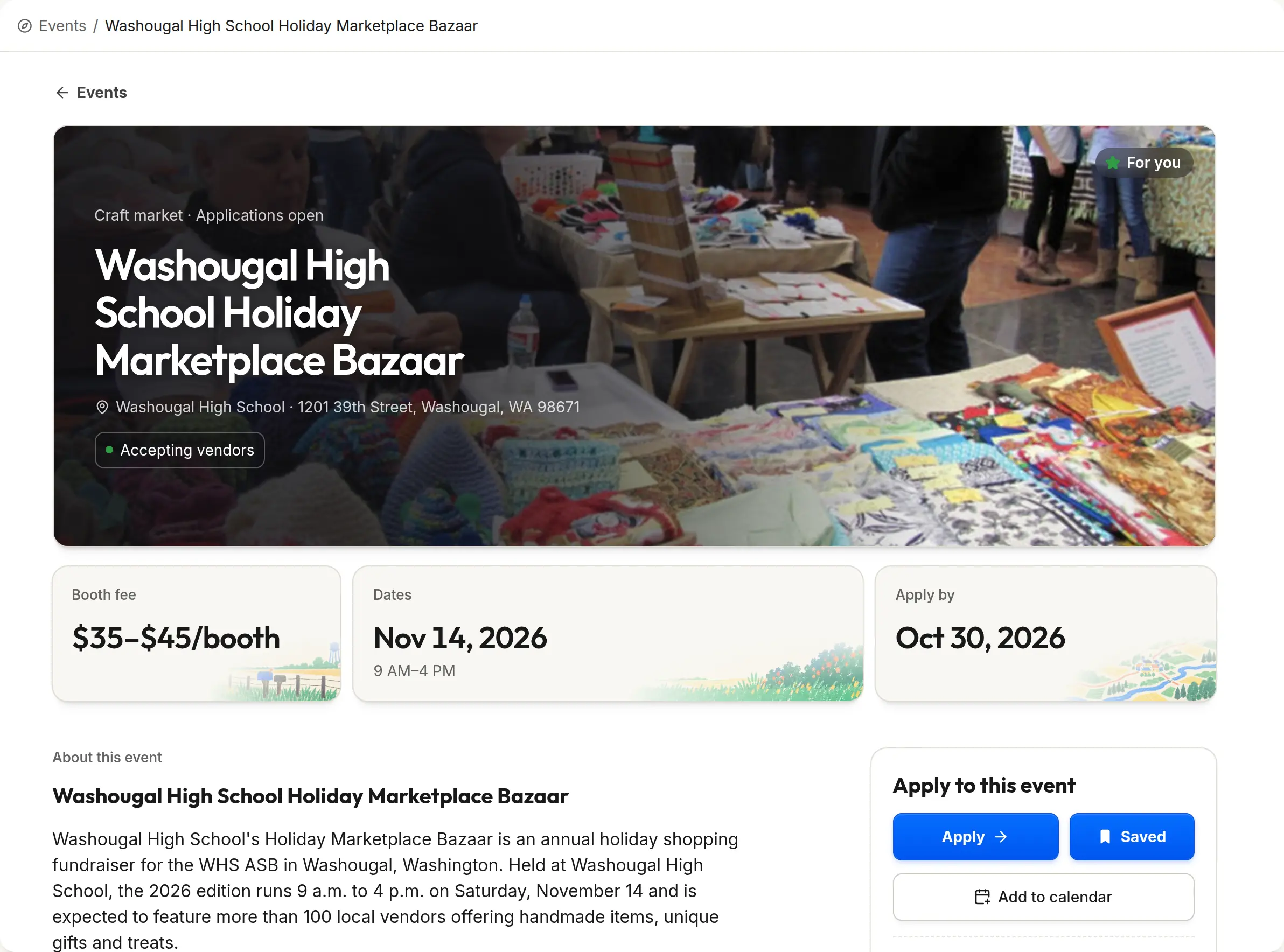 An event opened in Vendorbound, with its booth fee, dates, apply-by date and what it asks of vendors.