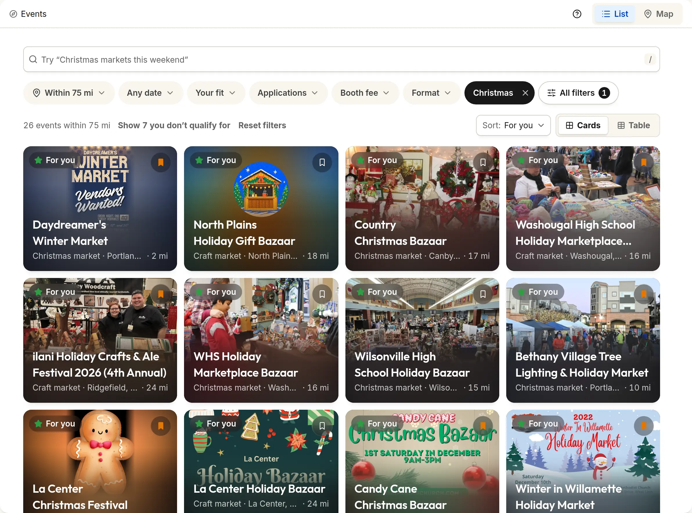 Vendorbound’s Events list filtered to Christmas markets near Portland, Oregon, each with its type and distance.