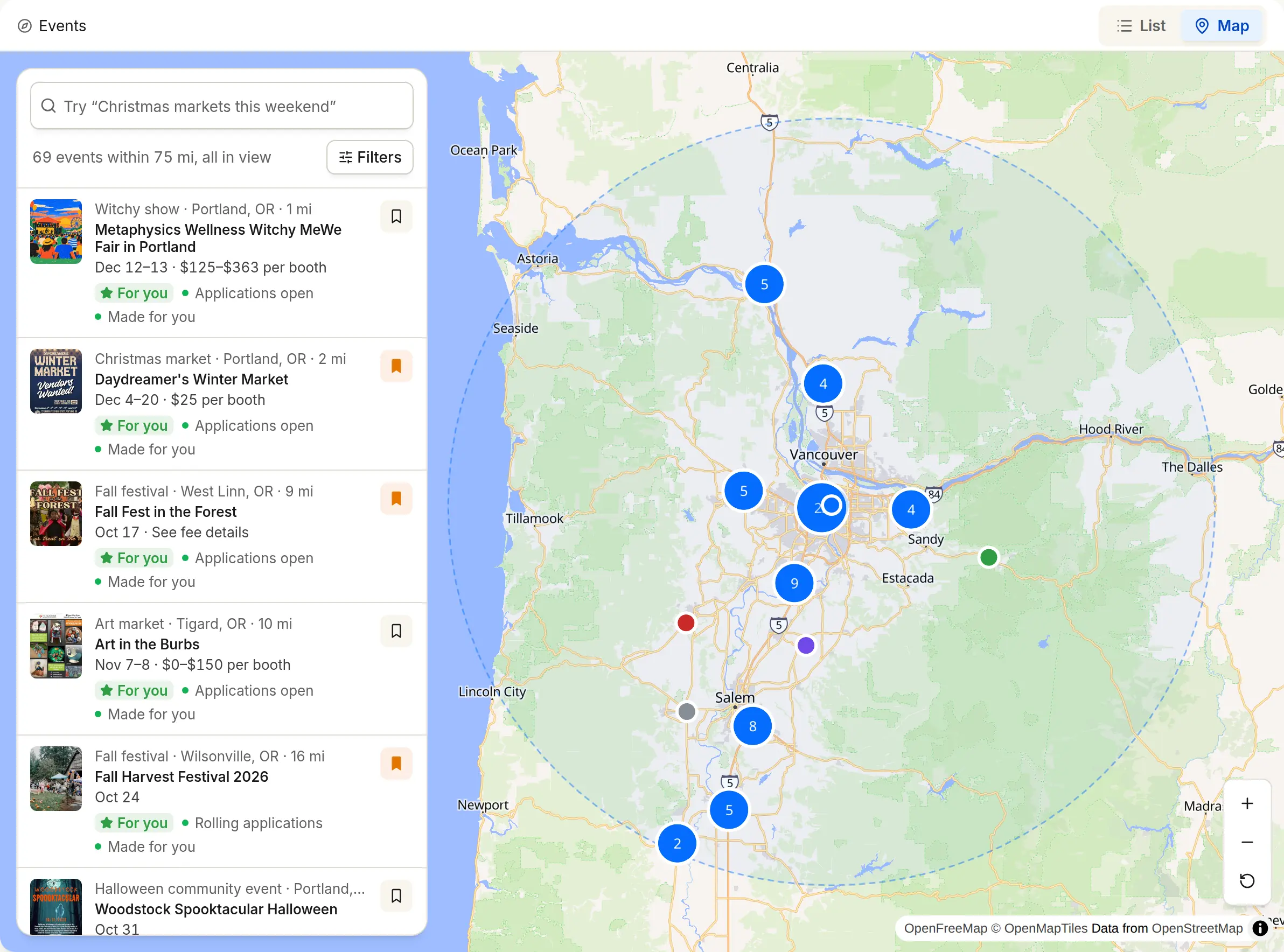 Vendorbound’s Events map around Portland, Oregon, with a pin for each event.