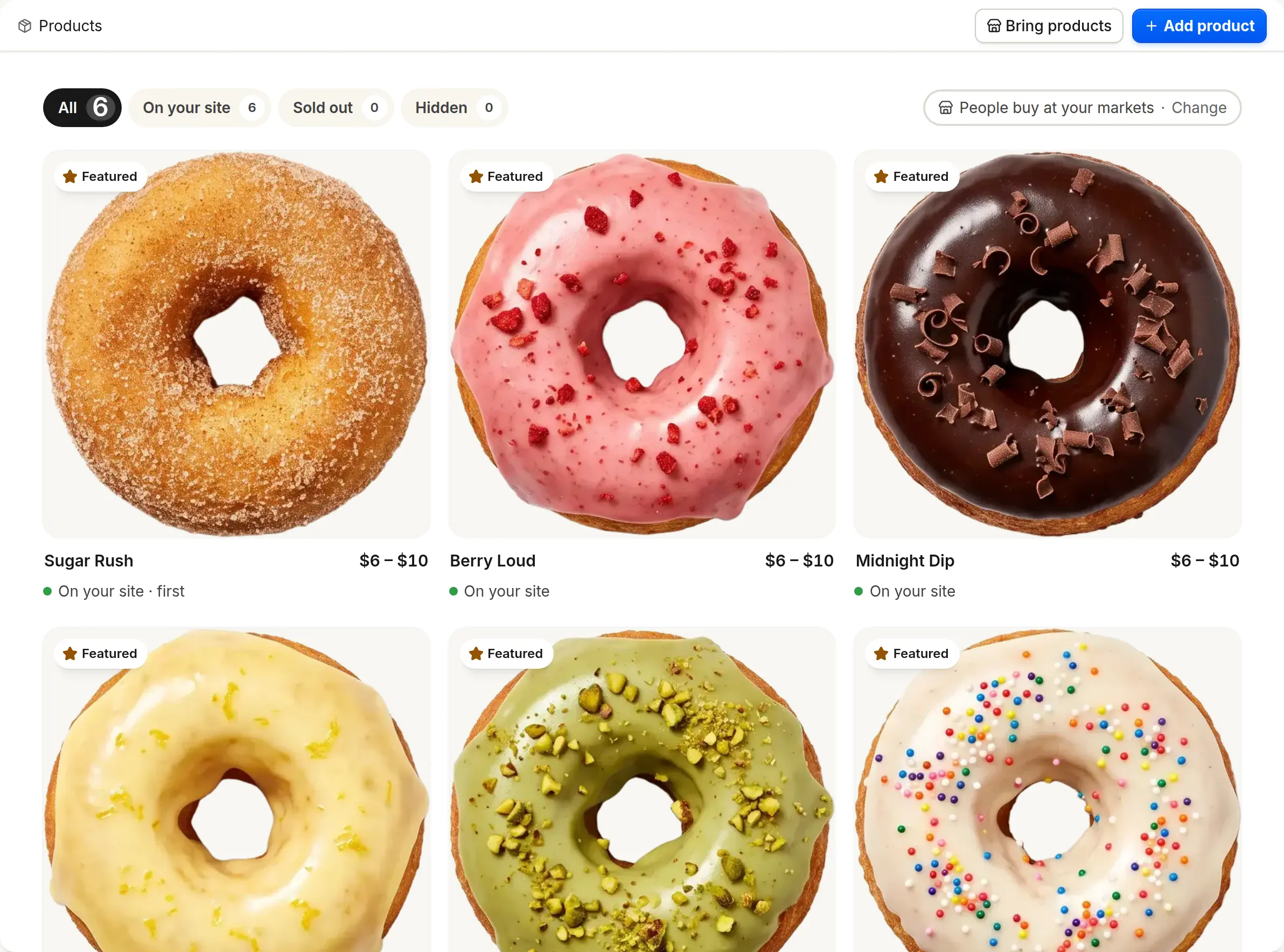 Products in Vendorbound: Little Riot’s six donuts with photos and prices, each on the site.