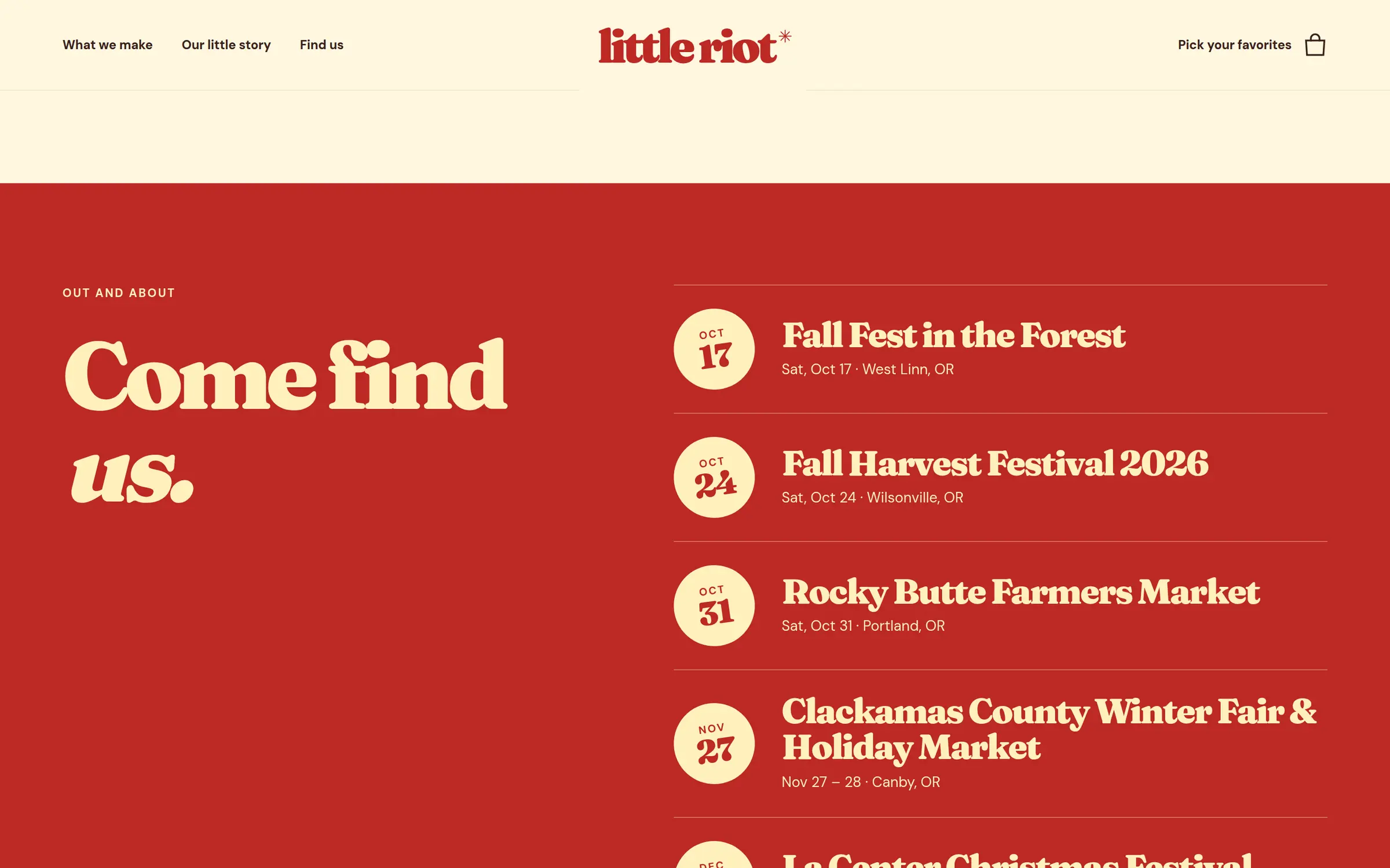 Little Riot’s website listing the markets where they’ll be next, with dates and towns.