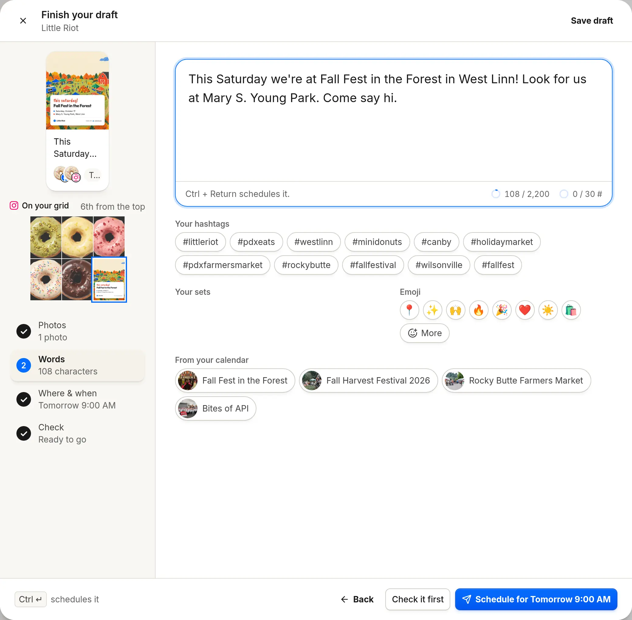 Writing a post in Vendorbound’s Social for Fall Fest in the Forest, with saved hashtags and the events from the calendar.