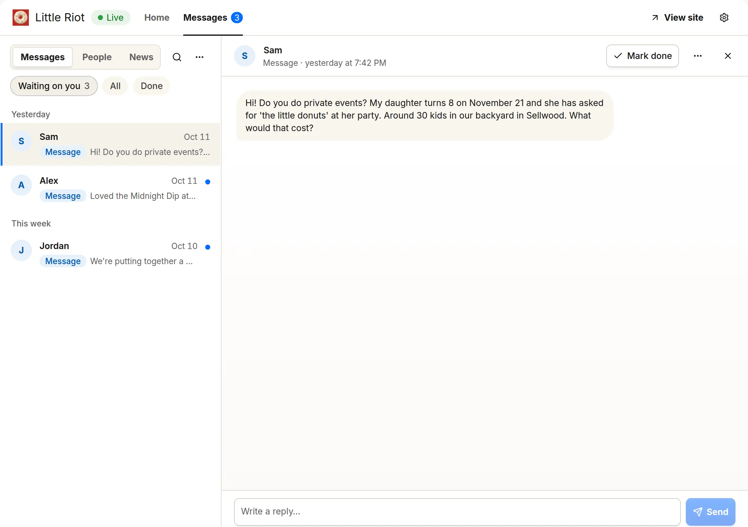 Messages in Vendorbound: a party inquiry from the website open beside the conversations waiting on a reply.