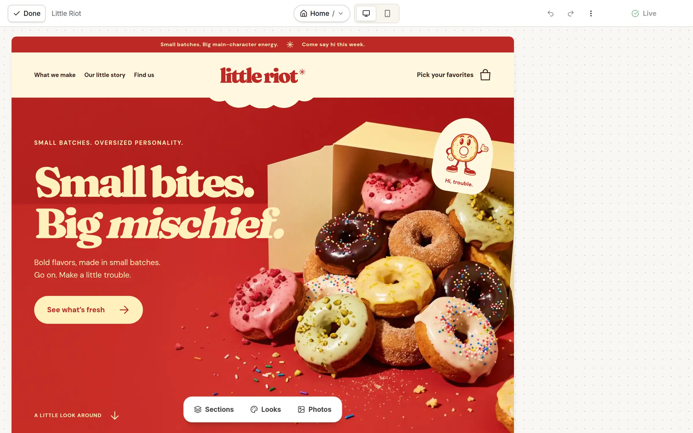 Vendorbound’s website studio editing Little Riot’s site, with Sections, Looks and Photos.